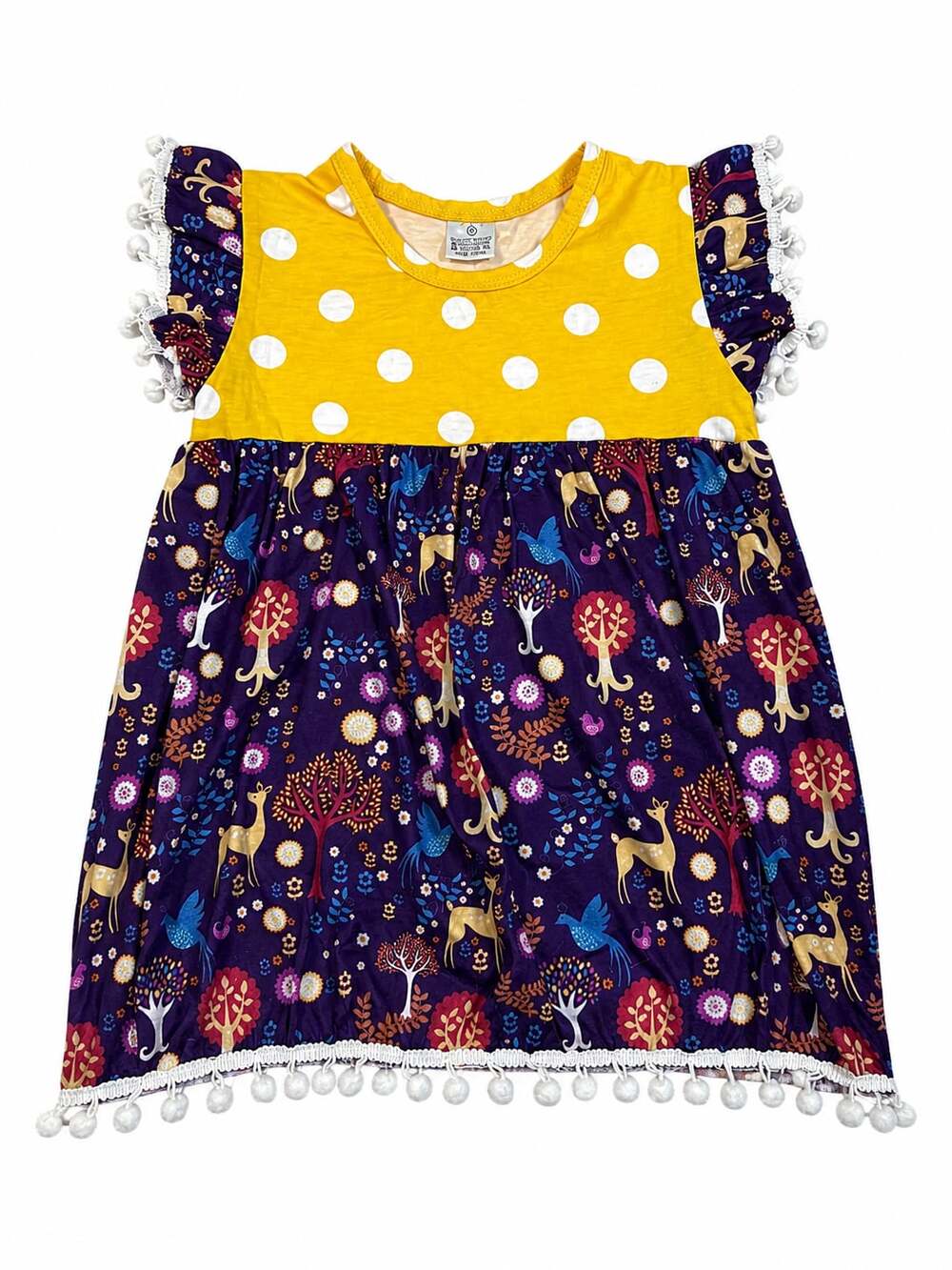 Boho Girls Woodland Deer Forest Print Dress with Yellow Polka Dot Bodice and Pom